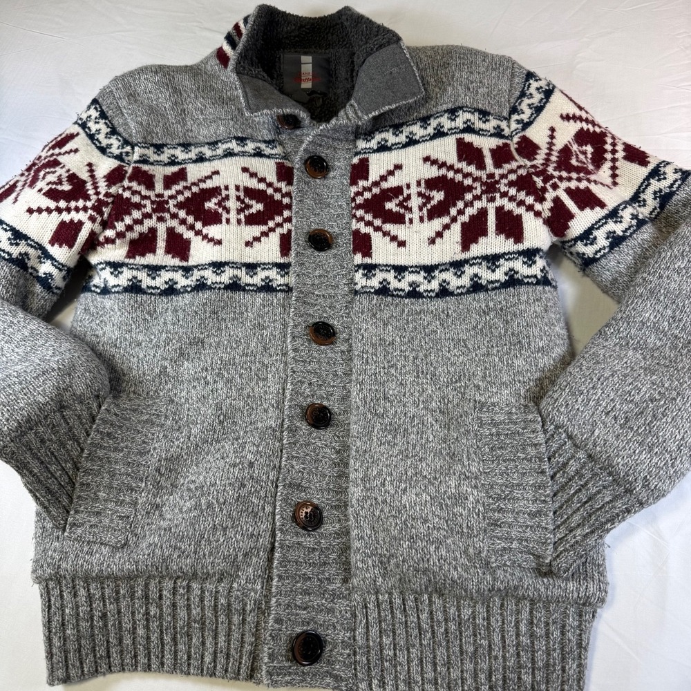 Buffalo Sweater Cardigan Jacket Men's Size Small Gray Fair Isle Sherpa Lined - Picture 2 of 8